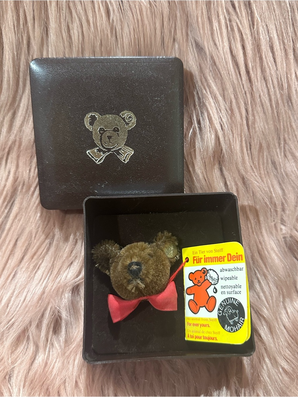 Steiff 1984 Collectible Brown Mohair Teddy Bear Head-Red Bow - Authentic Steiff